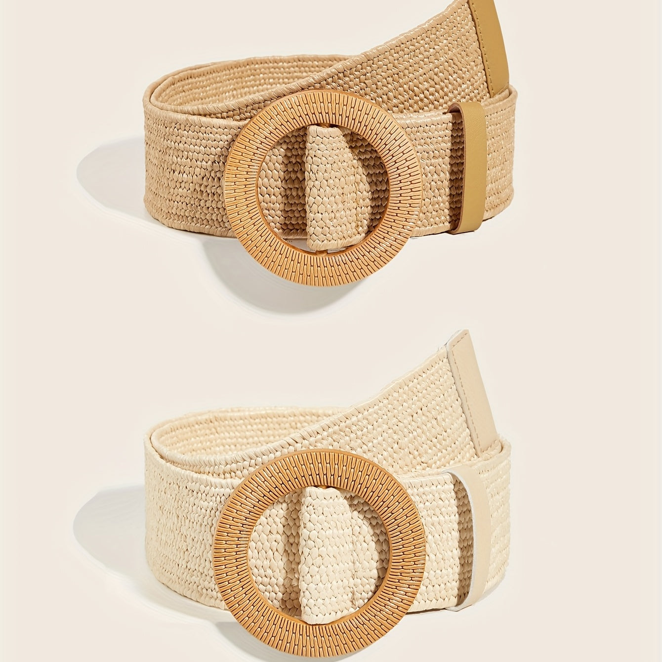 2pcs Round Buckle Straw Belt Bohemian Solid Waistband for Women