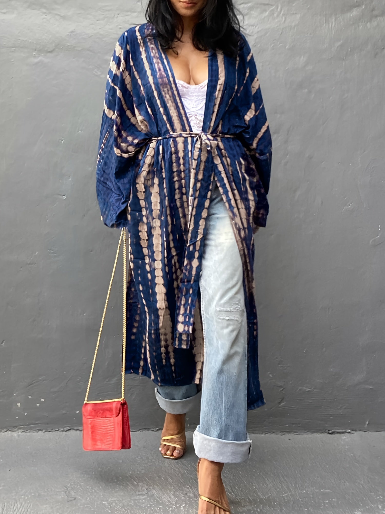 Tie Dye Striped Batwing Sleeve Maxi Beach Cover Up