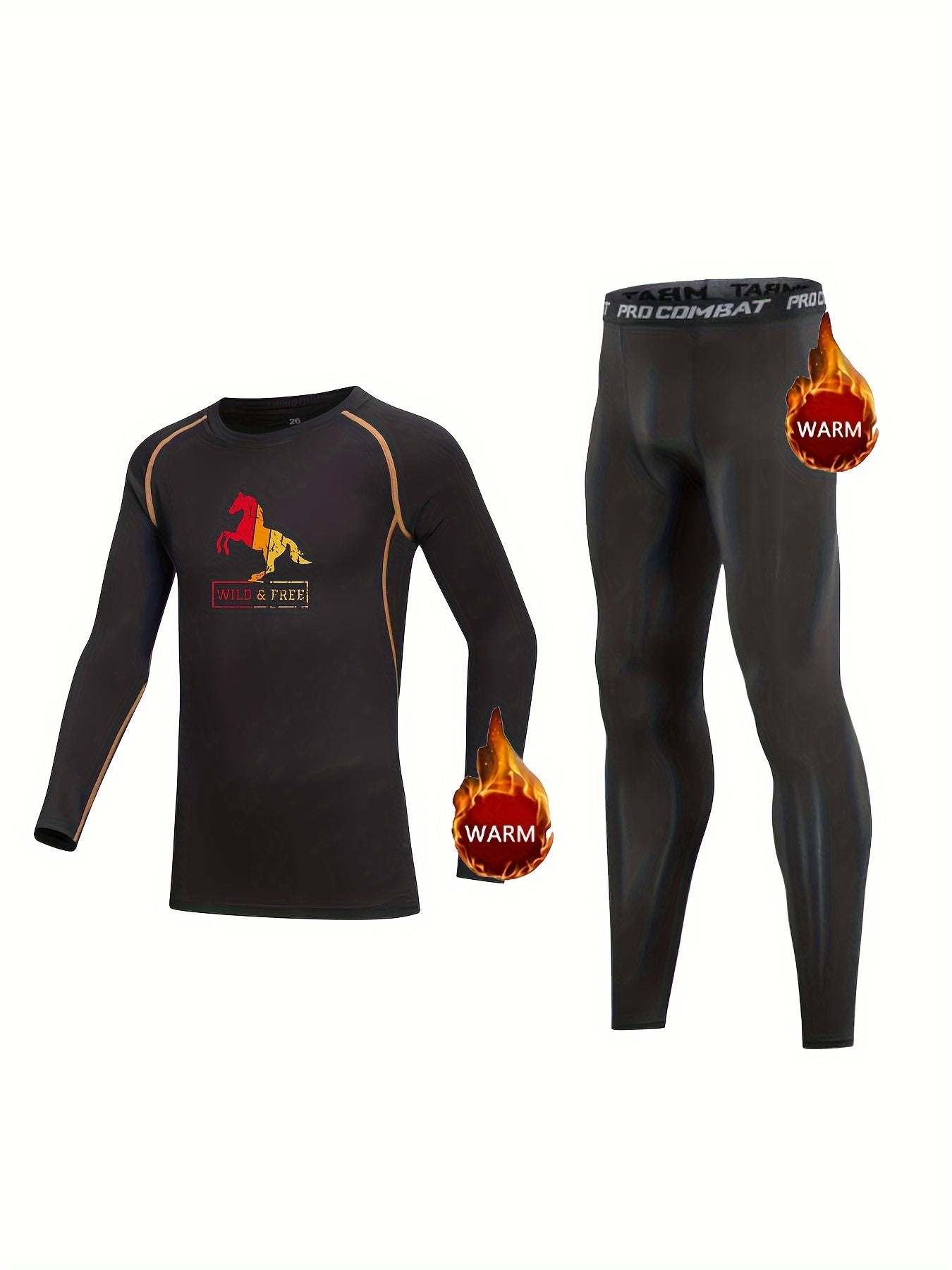 Kids Horse Pattern Compression Fleece Set Elastic Waist Pants Crew Neck Pullover