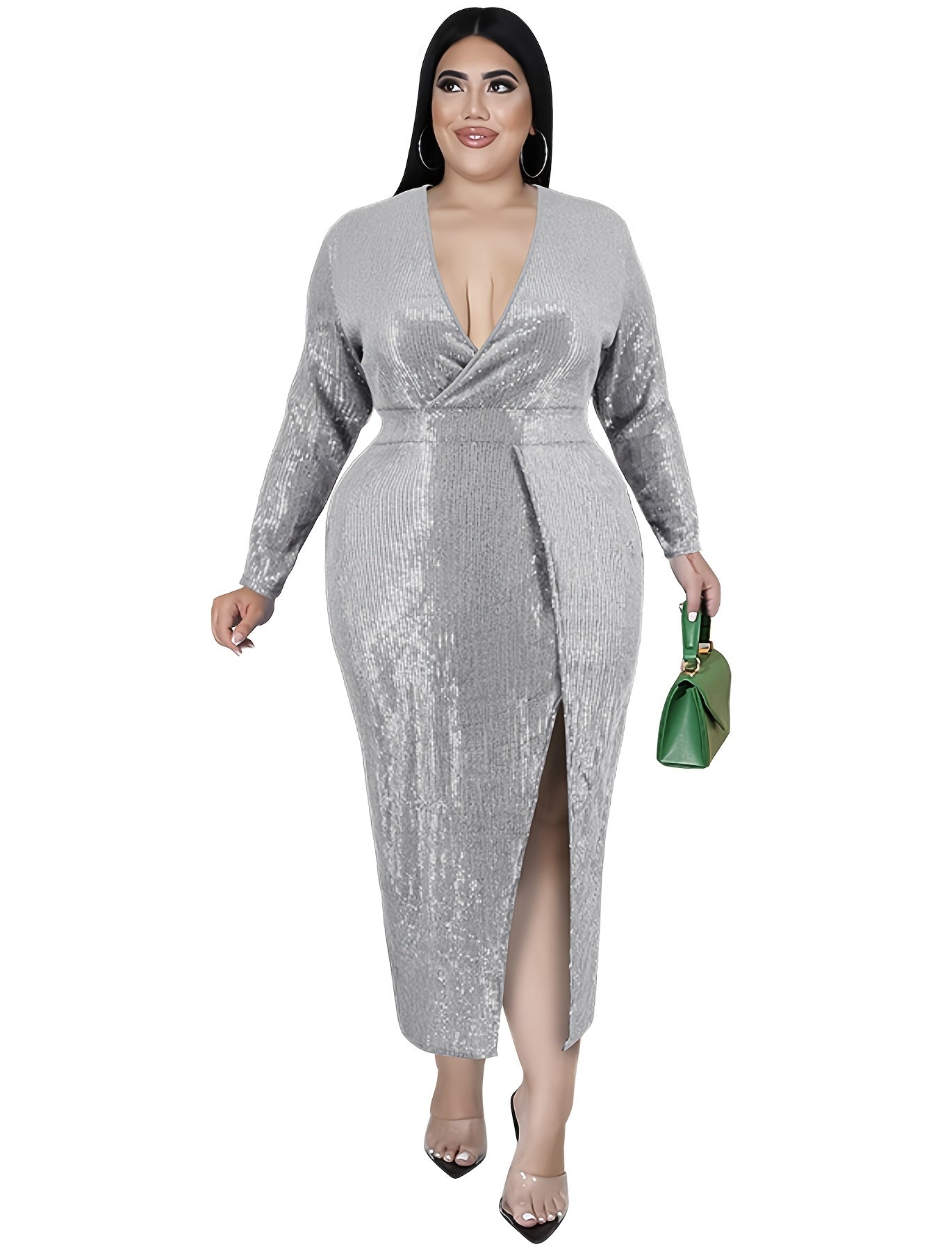 Sequin Deep V Neck Maxi Dress with High Split Sleeves
