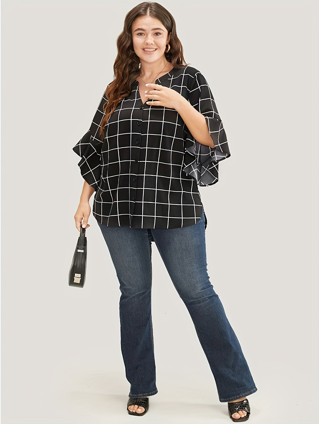  Grid Print Bell Sleeve Blouse
