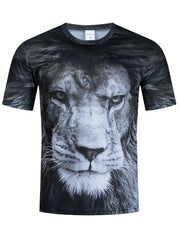 3D Lion Print T-Shirt for Men, Crew Neck Tee for Summer