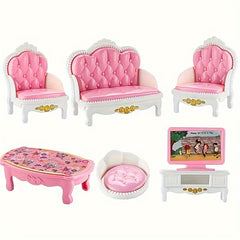 Pink Dollhouse Furniture Set for Kids - 3 Room Miniature Playhouse