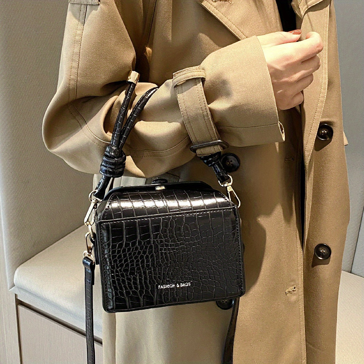 Crocodile Embossed Box Handbag Crossbody Bag