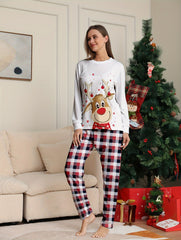 Reindeer Print Pajama Set Long Sleeve Top & Plaid Pants Women's Sleepwear