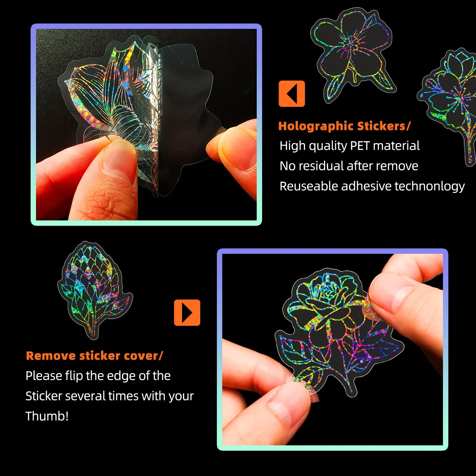 100pcs Holographic Flower & Leaf Stickers for Journals Bikes Helmets