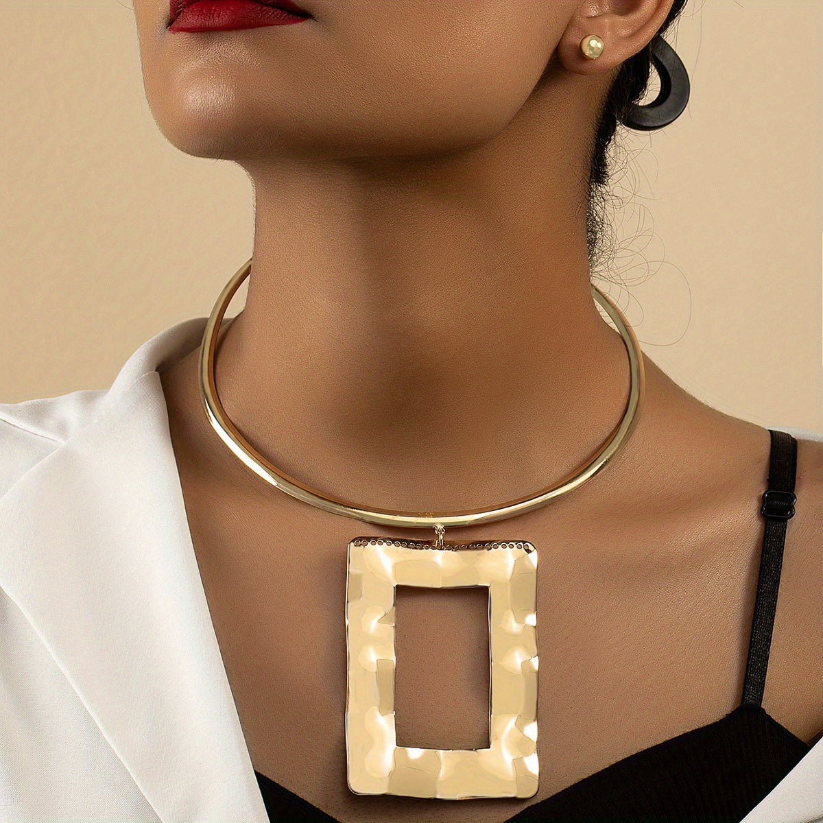 Geometric Pendant Choker & Earrings Set - Hip Hop Style
