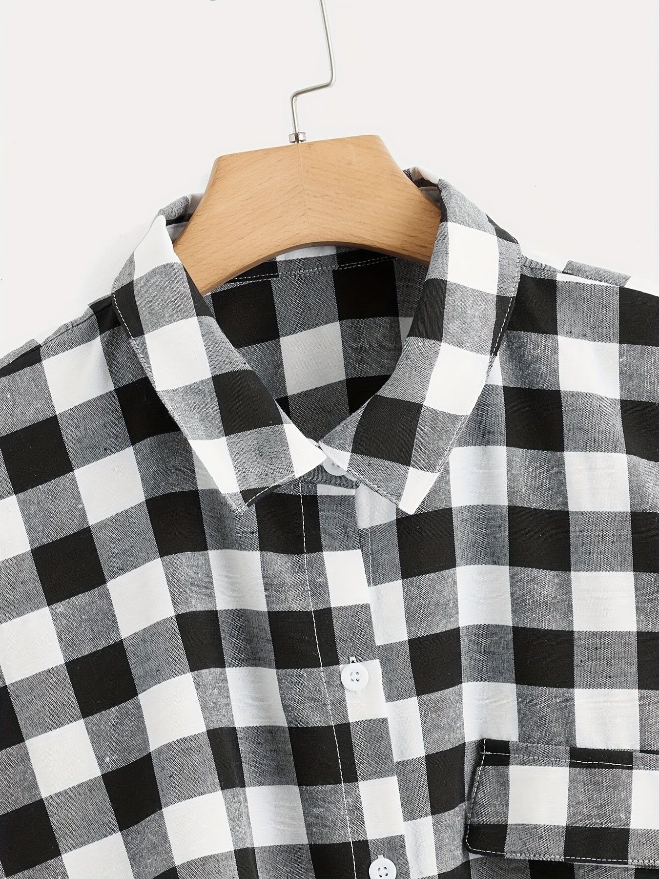  Gingham Print Button Up Bat Sleeve Blouse