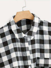  Gingham Print Button Up Bat Sleeve Blouse