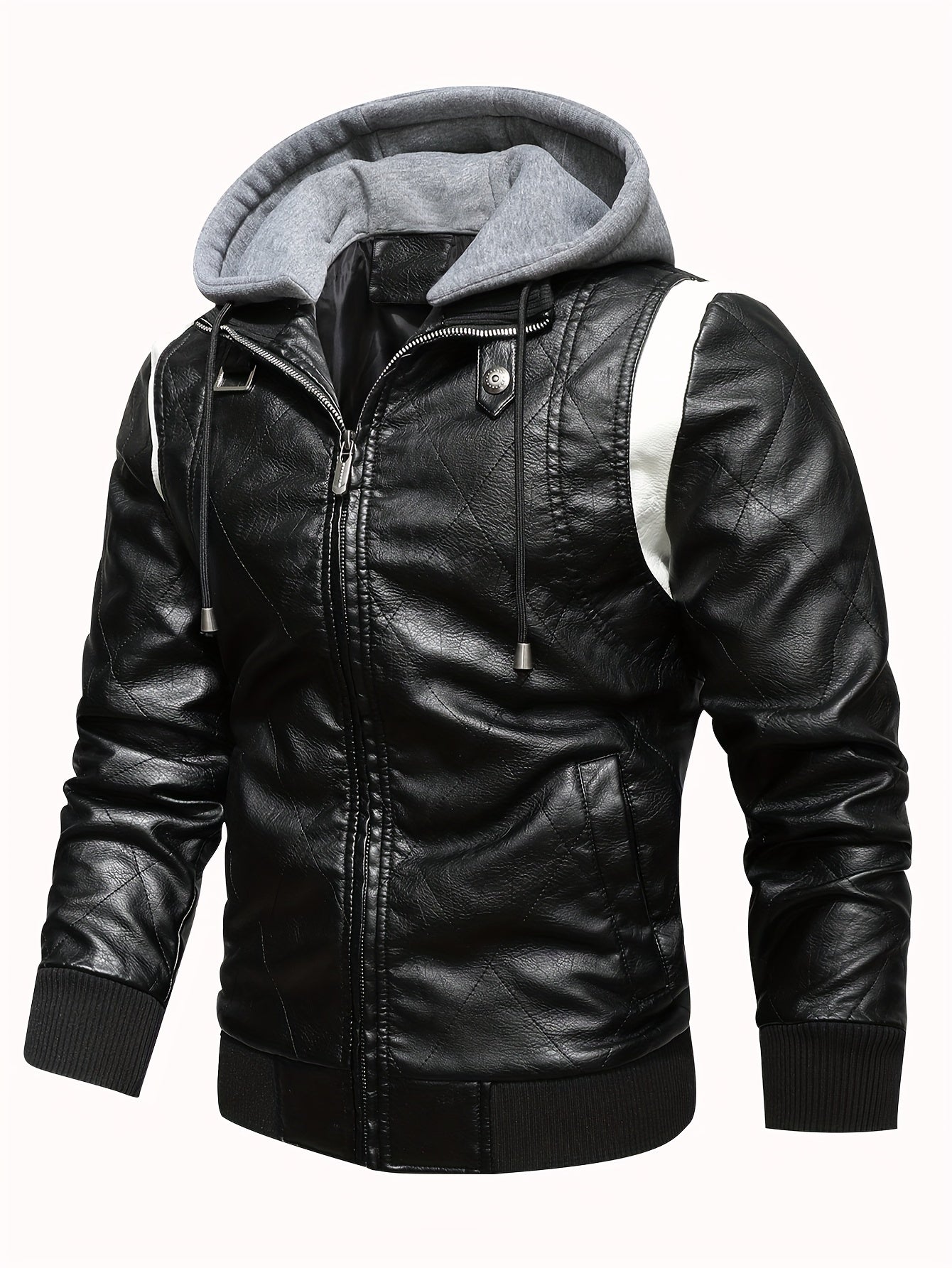 Men's Slim Fit Winter Splice Pu Leather Hooded Jacket Coat