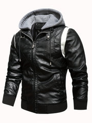 Men's Slim Fit Winter Splice Pu Leather Hooded Jacket Coat