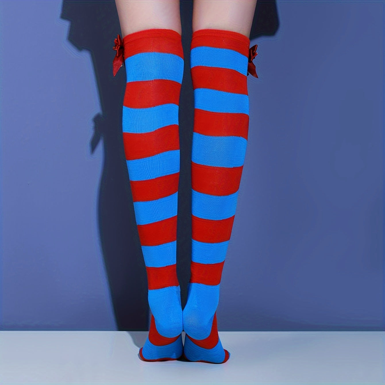 Bow Striped Thigh High Socks Colorblock Over The Knee Stockings