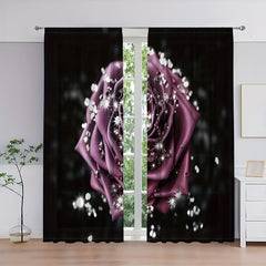 2pcs Red Roses Flower Pattern Curtain Blackout Rod Pocket Installation