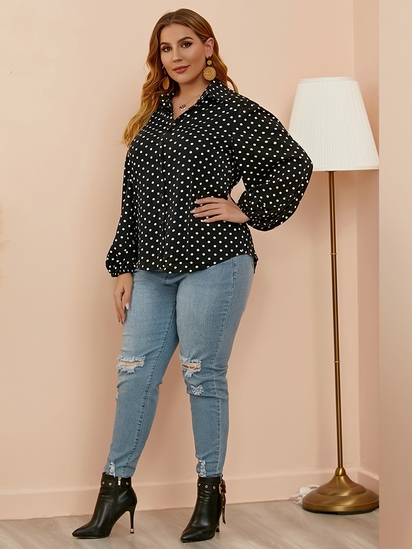  Polka Dot Print Lantern Sleeve Shirt