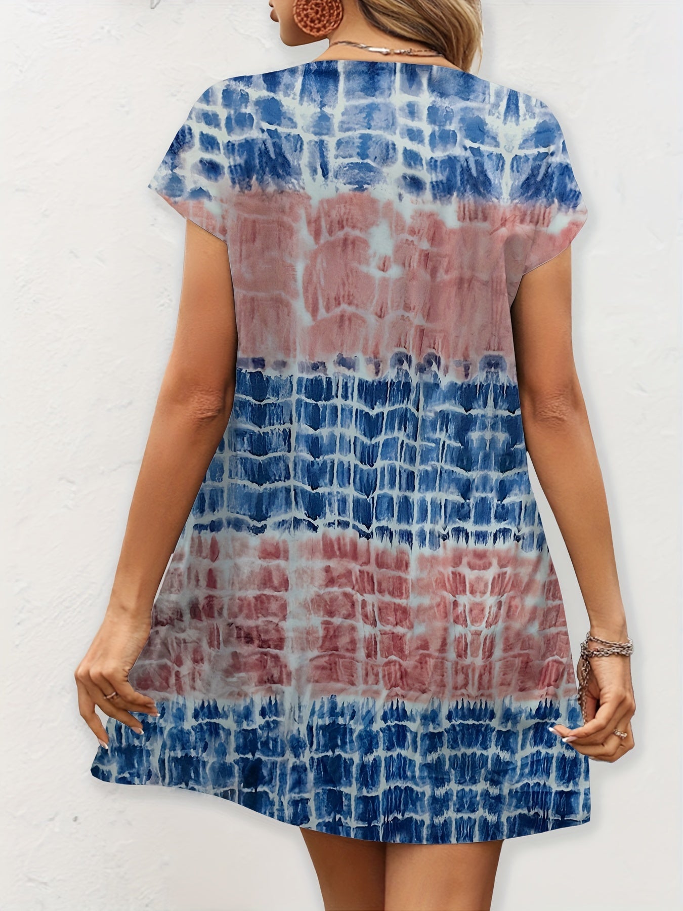  Tie Dye Cap Sleeve Round Neck Mini Dress