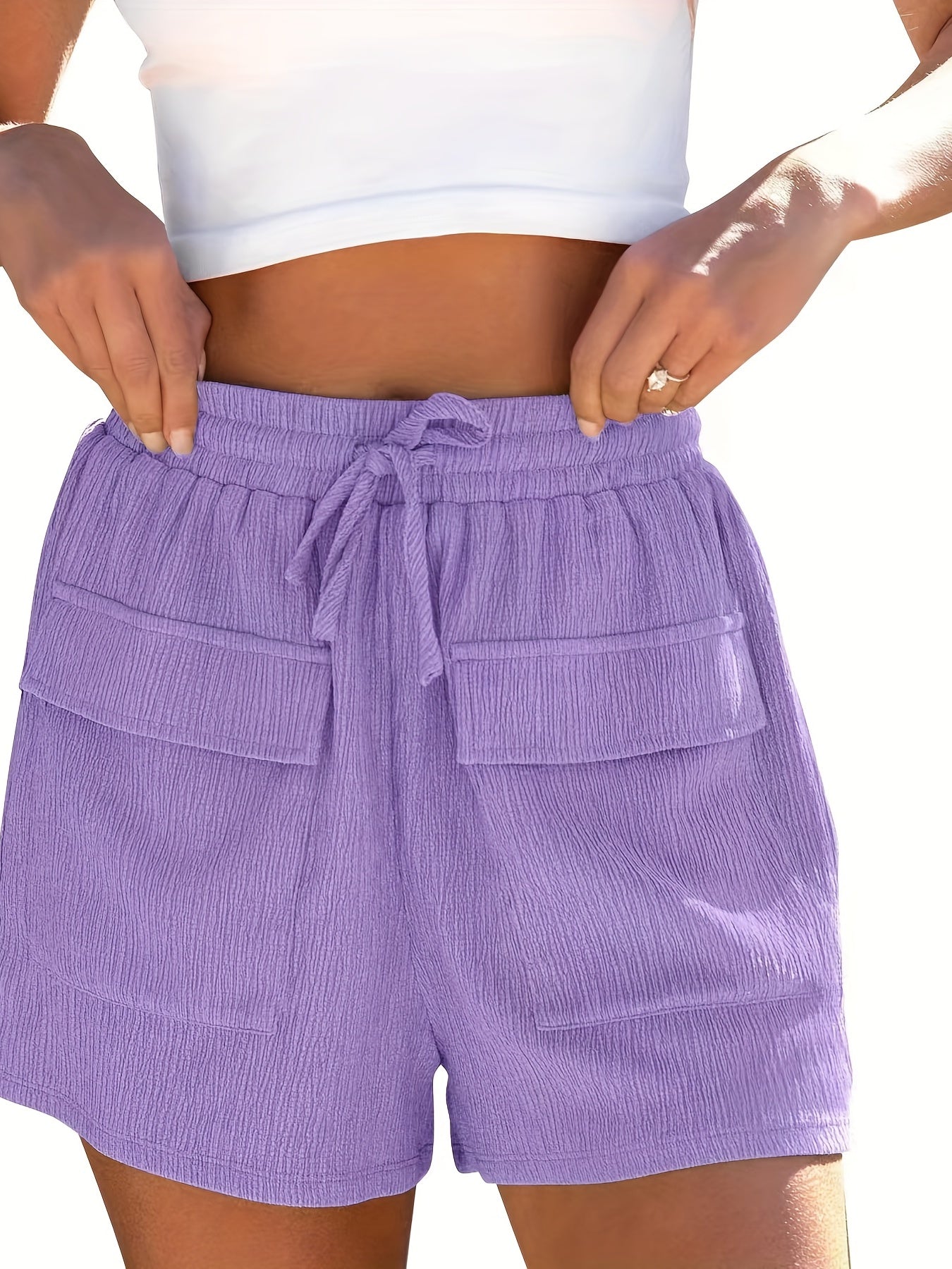  Women's High Rise Stretchy Crinkle Shorts With Pockets