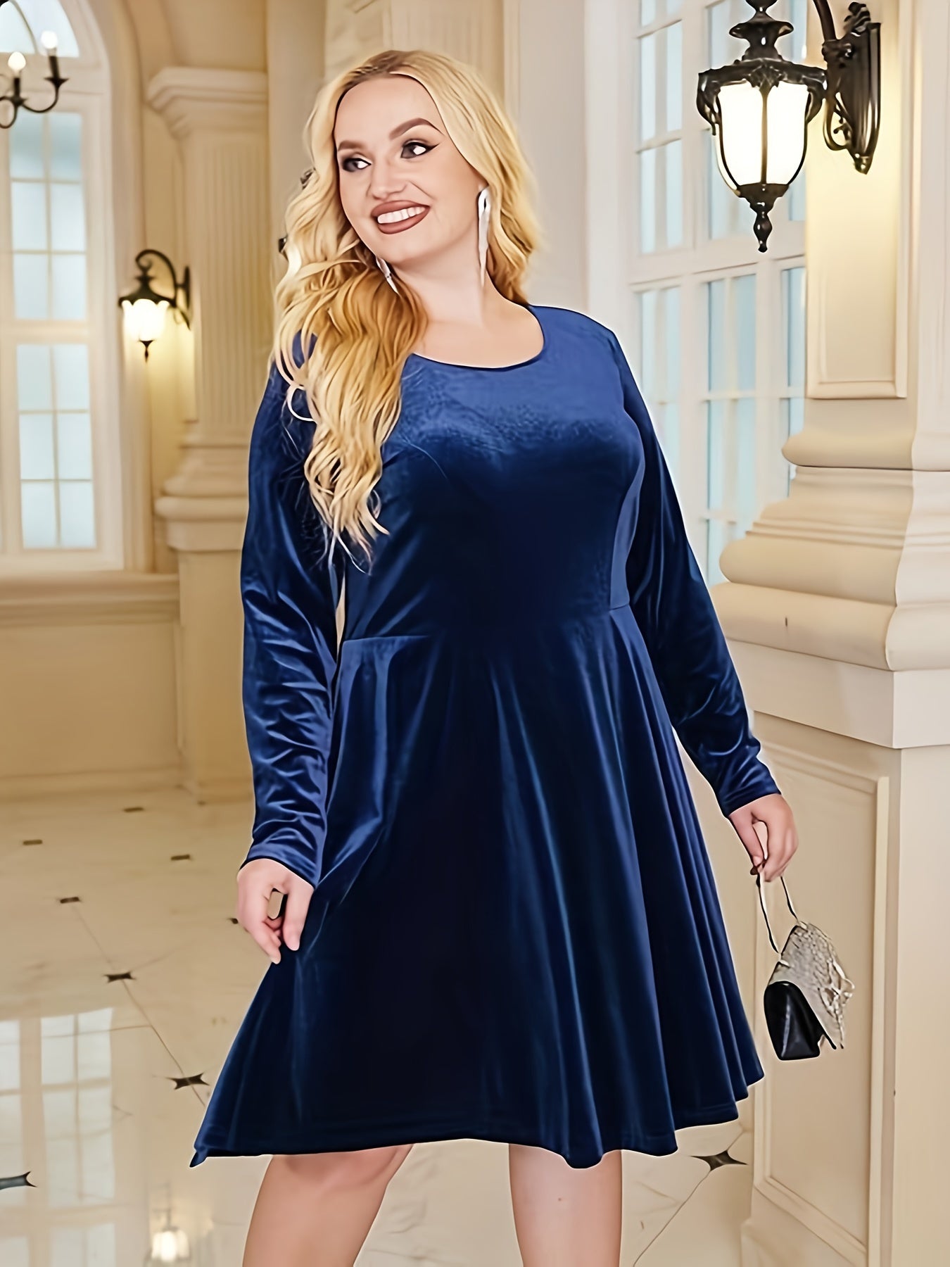 Women's Plus Velvet Long Sleeve Party Dress