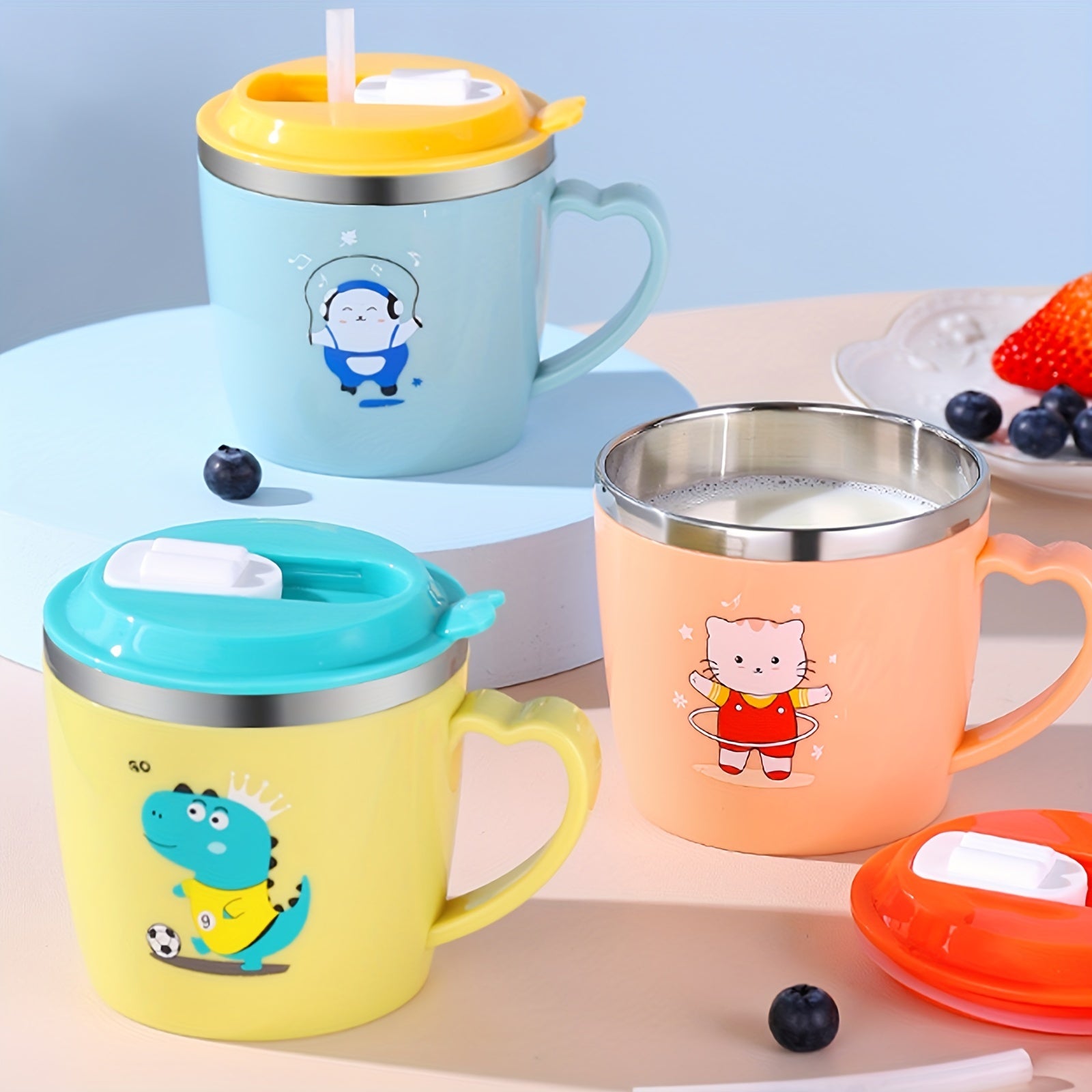 Kids 250ml Cartoon Water Bottle with Steel Straw Cup
