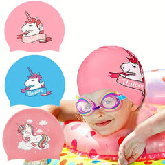 Cartoon Rainbow Horse Swim Cap, Waterproof Silicone, Long Hair Girls & Boys