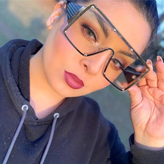 Oversized Rivet Ombre Lens Shield Sunglasses UV400