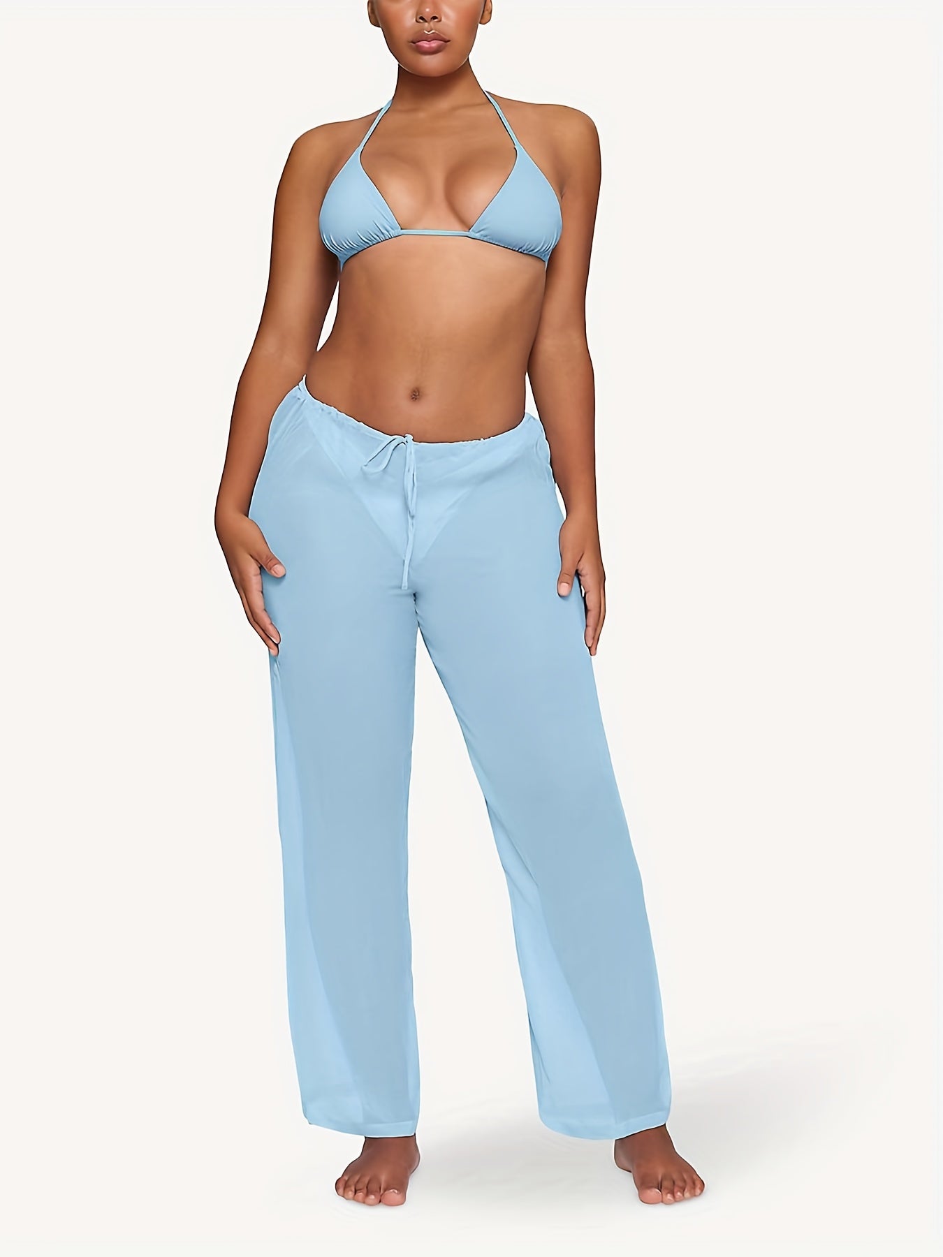  Sexy Pants Women's Plus Solid Drawstring High Rise Semi Sheer Loose