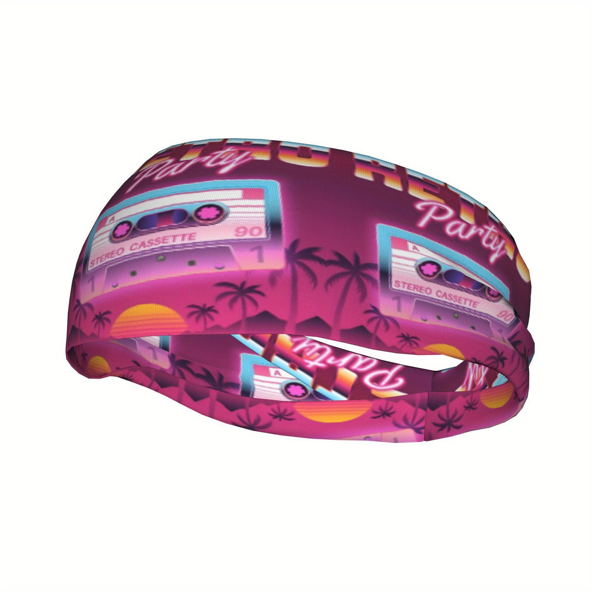 Retro Neon Sports Headband - Cassette Tape & Palm Tree Design