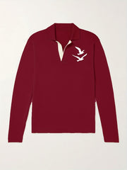 Bird Pattern Knit Polo Shirt Men's Casual Lapel Sweater