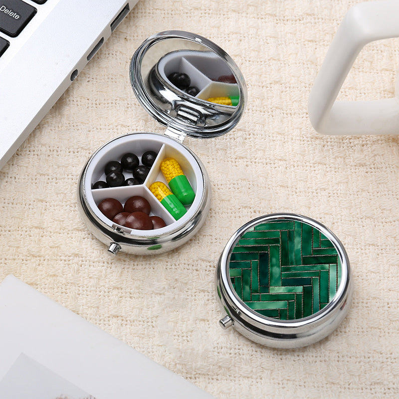 Small Metal Pill Case Green Glass Pattern 3 Compartment Portable Medicine