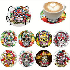 8pcs Mexican Skull Diamond Painting Holder DIY Halloween Skeleton Coaster