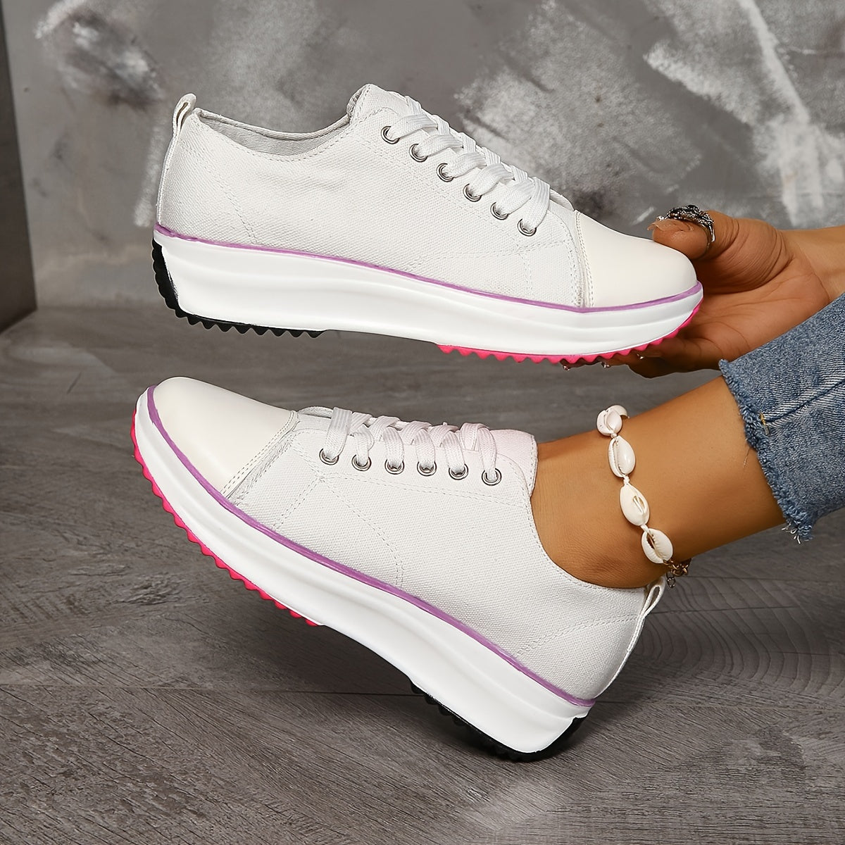 Platform Canvas Lace Up Sneakers Non Slip Thick Soles Comfort Sporty Style