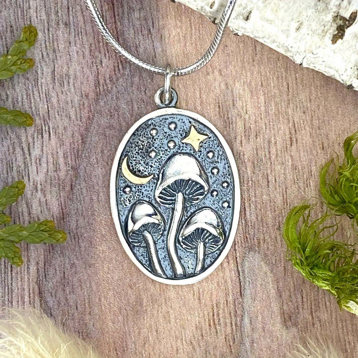 Vintage Mushroom Pendant Necklace Oval Star Moon Mushroom Plant Small Mushroom