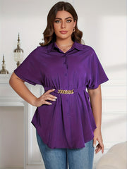  Solid Button Up Batwing Sleeve Tunic Shirt Top