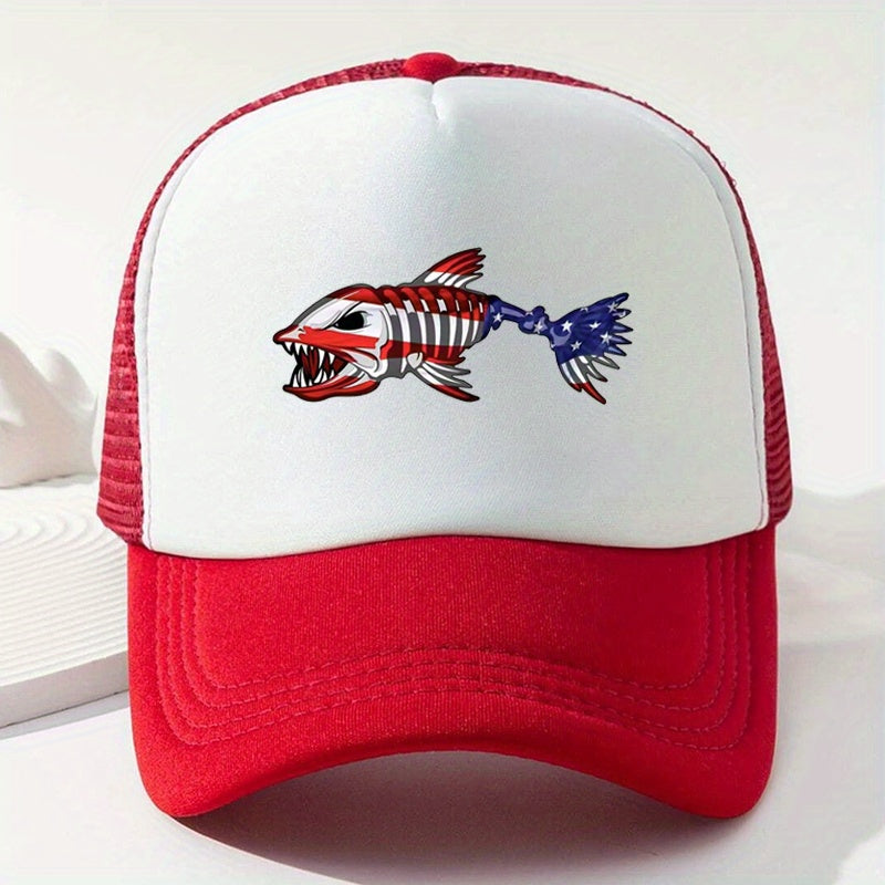 Fish Bone Print Trucker Hat Unisex Hip Hop Breathable Mesh Baseball Cap