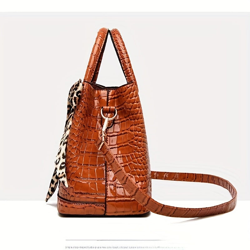 3 Pcs Crocodile Embossed Bag Set Tote Shoulder Clutch Card Case