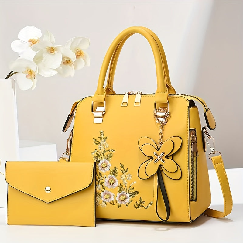 Women's Floral Embroidered Handbag Set with Clutch