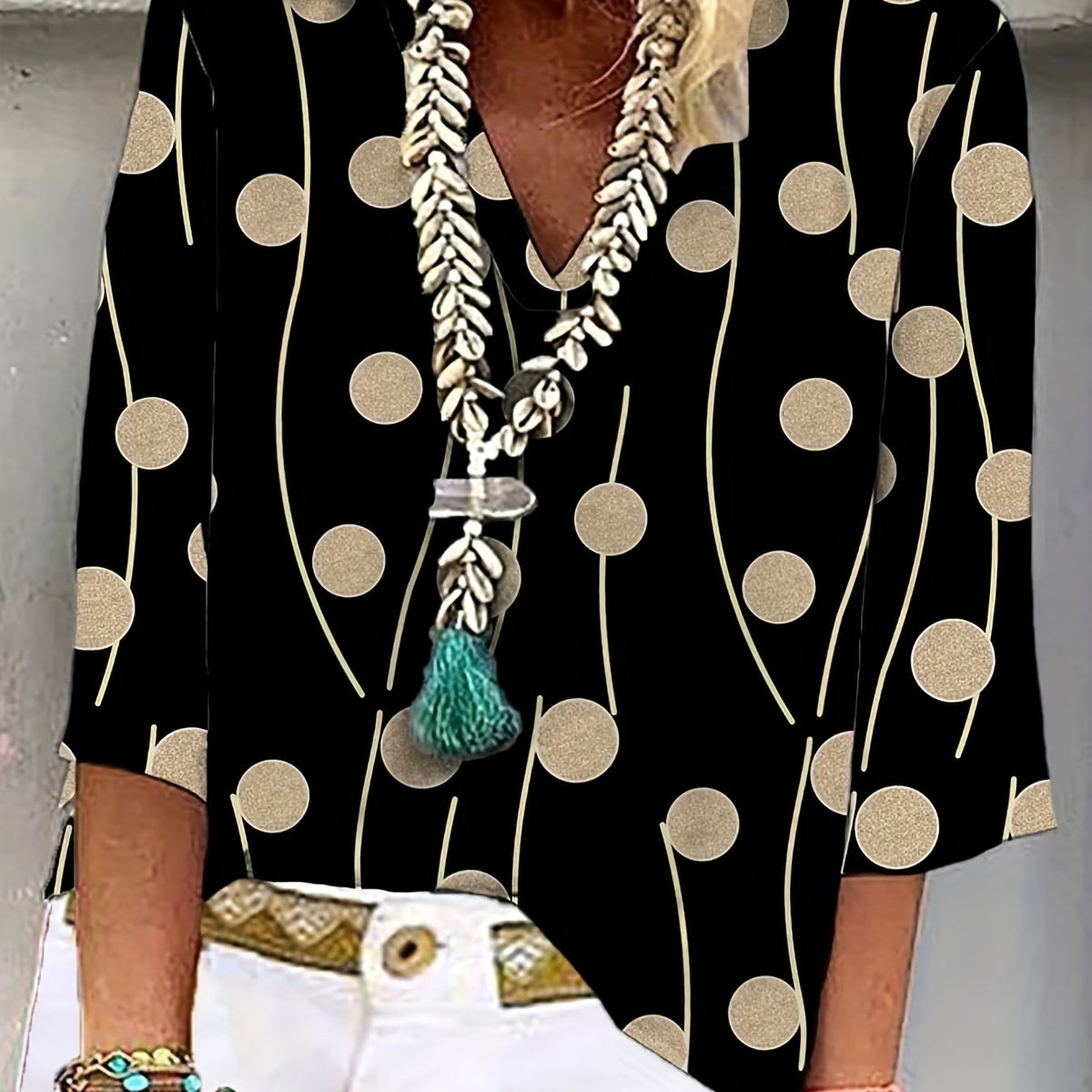  Dot & Stripe Print V Neck Top