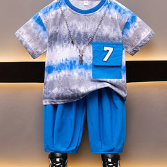 2pcs Boys Block Short Sleeve T shirt&Solid Long Pants Set for Spring Summer