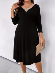  Colorblock Lace Long Sleeve V Neck Dress