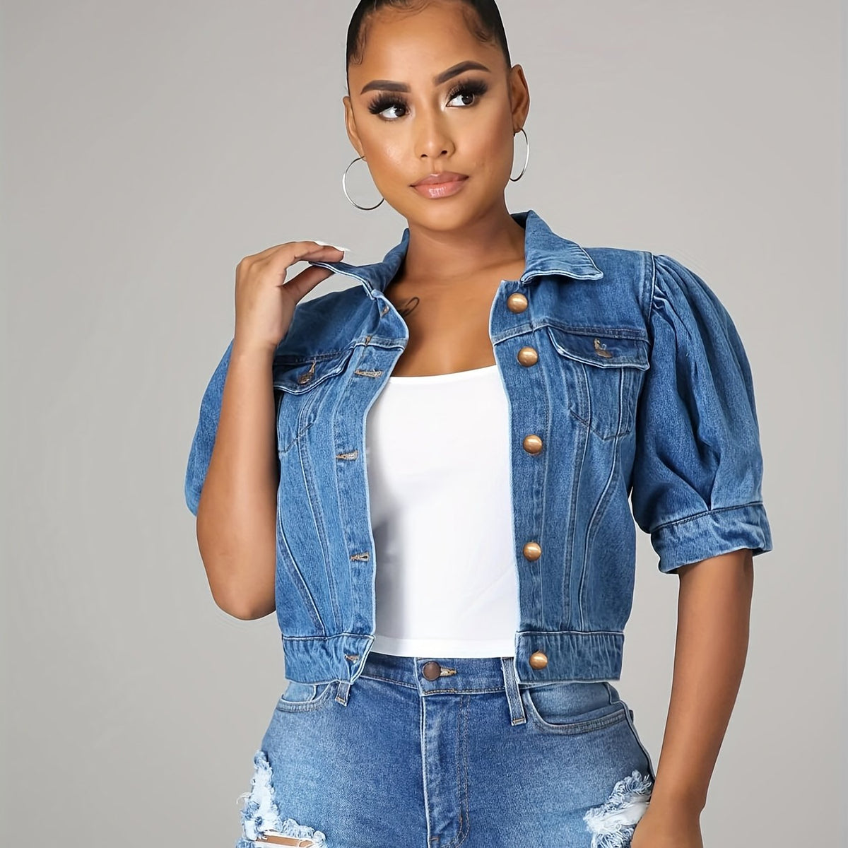 Short Sleeves Denim Jacket with Flap Pockets