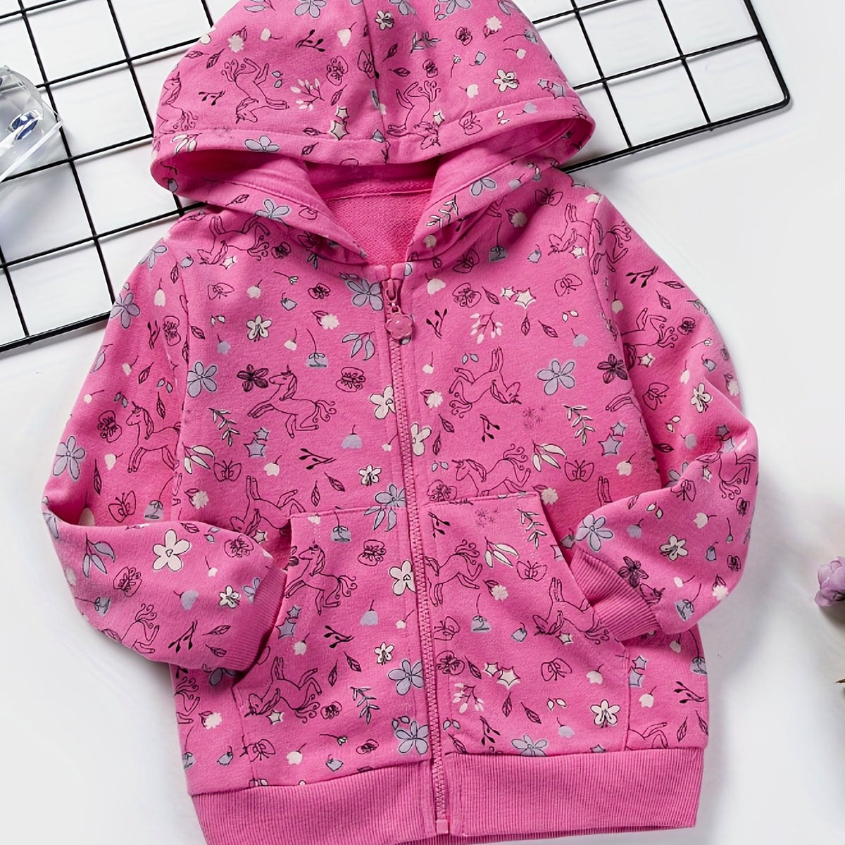 Toddler Girls Unicorn & Flowers Hooded Jacket Cotton Zipper Coat