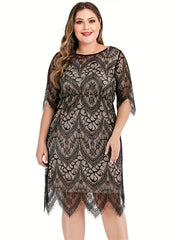  Women's Lace Floral Trim Half Sleeve Midi Dress