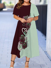  Colorblock Floral Print Short Sleeve Midi Dress