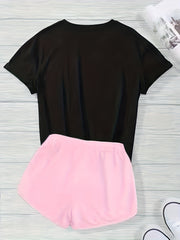 Letter Print Short Sleeve T shirt & Drawstring Waist Shorts Set
