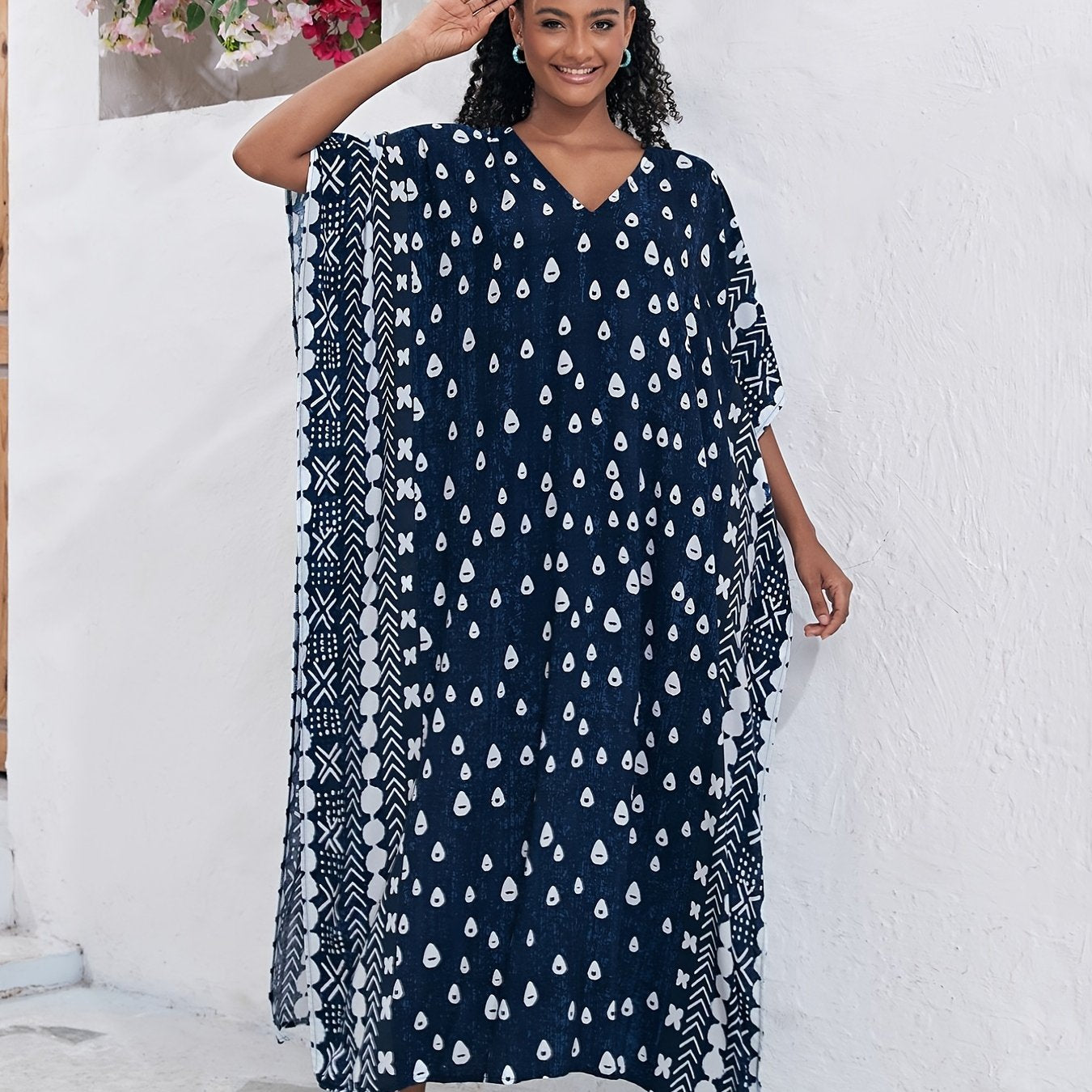 Boho Kaftan Dress Women's Allover Print Batwing Sleeve V Neck