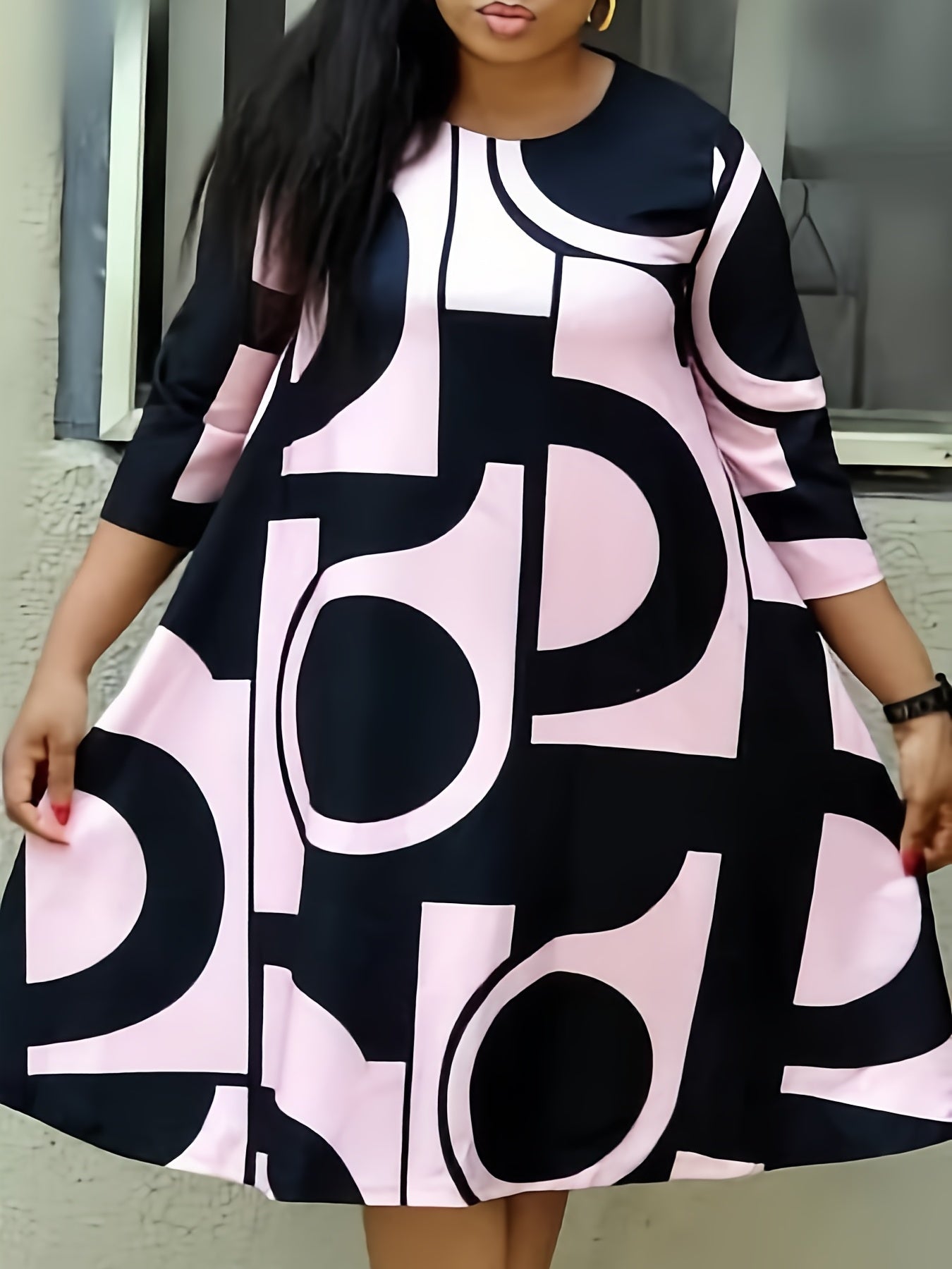 Plus Geometric Print Long Sleeve Round Neck Dress With Pockets