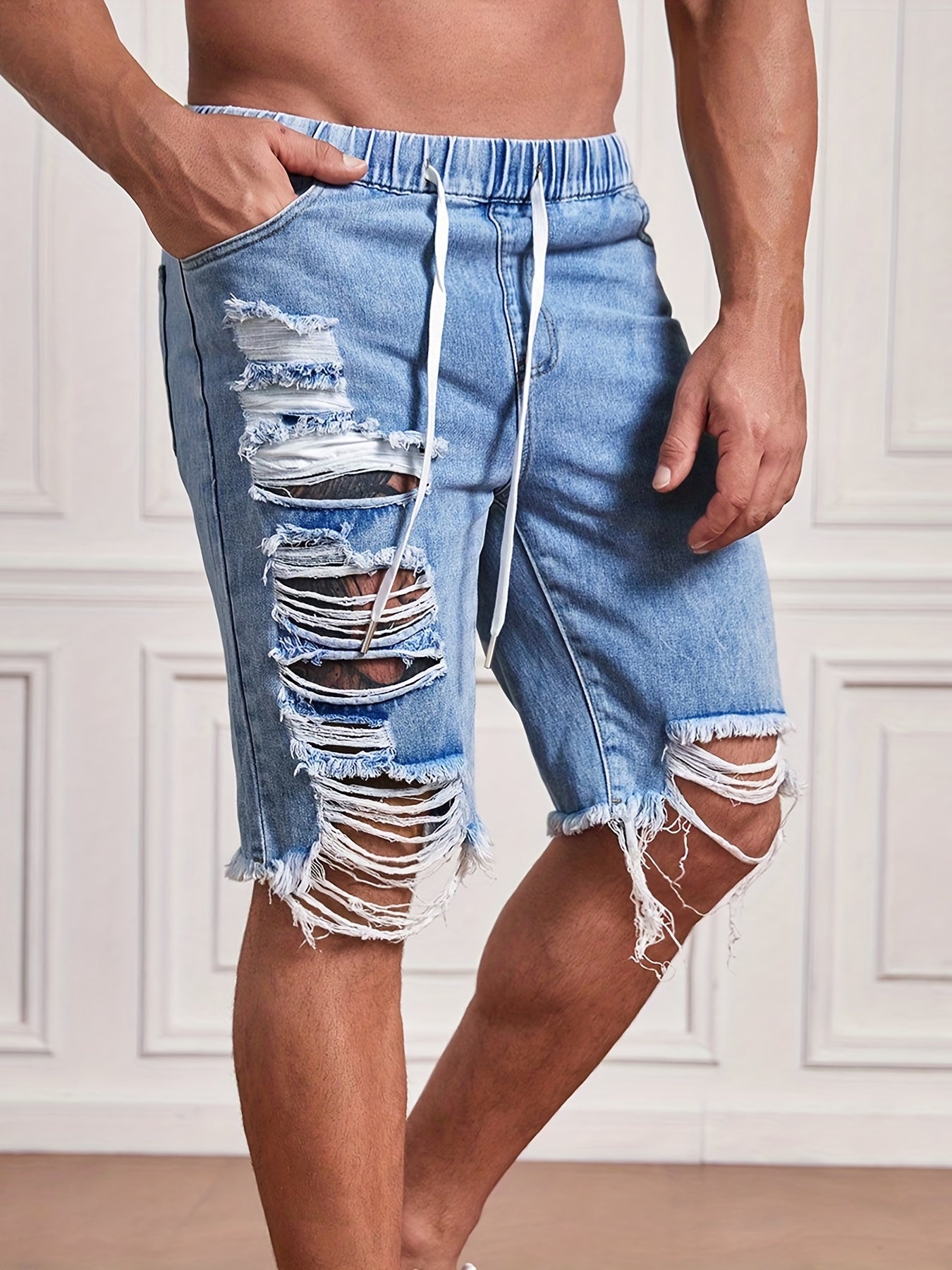Men's Distressed Drawstring Denim Shorts for Summer