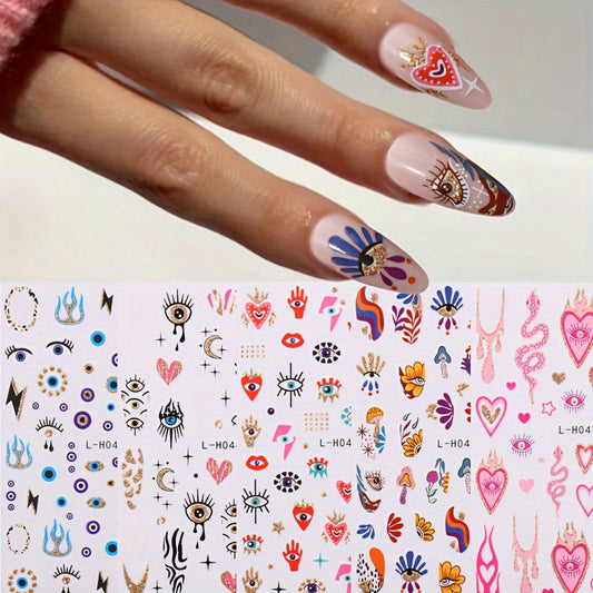 Heart Pattern Nail Stickers Glitter Evil Eye Decals Self Adhesive