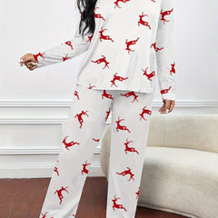  Christmas Casual Pajama Set Elk Print Tee & Pants 2 Piece