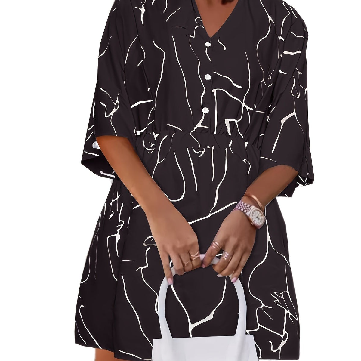  Random Print Half Sleeve V Neck Button Decor Dress