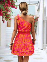 Floral Print One Shoulder Boho Dress Knotted Waist Layered Dress